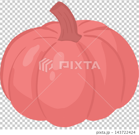 A simple and charming cartoon illustration of a pink pumpkin with a curved brown stem and softly shaded ridges 143722424