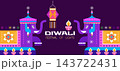 Happy Diwali, festival of light, Hindu traditional Festival Deepavali  Cute greeting card, poster, flyer, cover, banner with elephant, Indian pattern, lantern, peacock and diya Vector flat cartoon 143722431