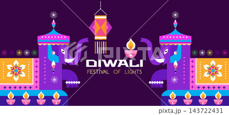 Happy Diwali, festival of light, Hindu traditional Festival Deepavali Cute greeting card, poster, flyer, cover, banner with elephant, Indian pattern, lantern, peacock and diya Vector flat cartoon Happy Diwali, festival of light, Hindu traditional Festival Deepavali Cute greeting card, poster, flyer, cover, banner with elephant, Indian pattern, lantern, peacock and diya Vector flat cartoon 143722431