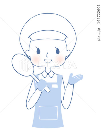 給食センターで働く女性が案内するイラスト 給食センターで働く女性が案内するイラスト 143722601