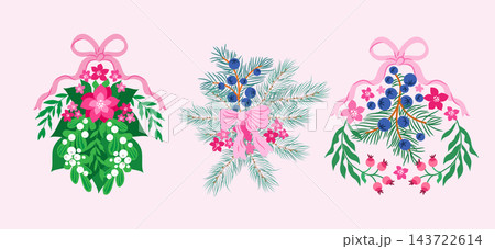 Christmas floral collection with seasonal garlands, borders, garland, wreath, ribbons, bows and winter holiday hand drawn decor set Vector cute illustration Christmas floral collection with seasonal garlands, borders, garland, wreath, ribbons, bows and winter holiday hand drawn decor set Vector cute illustration 143722614