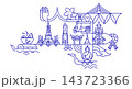 Bangkok Thailand Landmarks Line Art Illustration with Wat Arun, Tuk Tuk, Giant Swing, Thai Food, and Cultural Icons Isolated on White Background 143723366