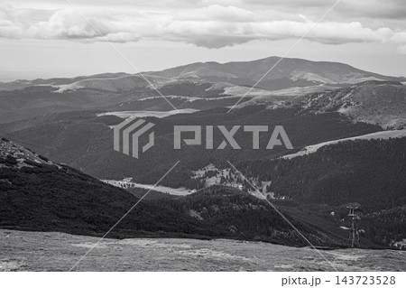 Black and white old style photo, View of Carpathians mountain. mountain slopes, mountain tops and forests 143723528
