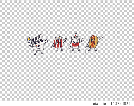 A set of cute character illustrations of movie theater food and clapperboards. 143723826