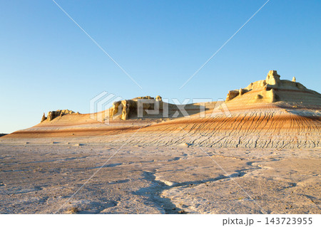 Kyzylkup area landscape, Mangystau desert. Rock strata formations Kyzylkup area landscape, Mangystau desert. Rock strata formations 143723955
