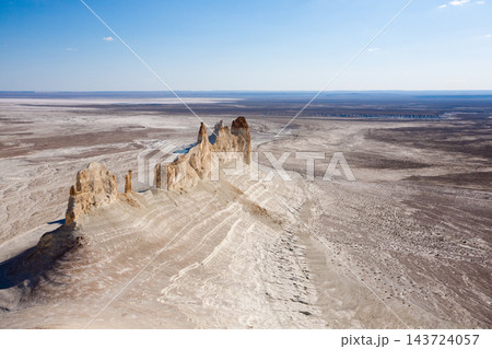 Bozzhira valley pinnacles aerial view, Mangystau region, Kazakhstan. Ak Orpa pinnacles 143724057