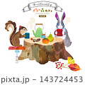 森の切り株で集まり、カフェをして温まるウサギとリスのアクリルガッシュイラスト（ベクター） 143724453