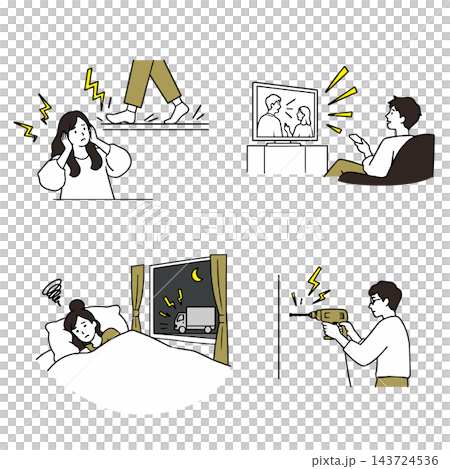 一組線條藝術插圖,描繪了人們因日常噪音和與噪音相關的問題而感到困擾的情景。 一組線條藝術插圖,描繪了人們因日常噪音和與噪音相關的問題而感到困擾的情景。 143724536