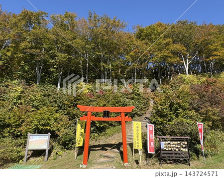 秋晴れの八海山ロープウェー山頂に佇む赤い鳥居と紅葉の風景 143724571
