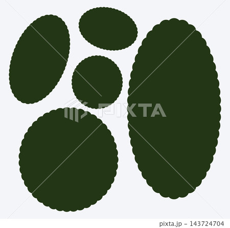 Coupons, label, tags, boxes, Backdrops for postcards, letters, empty borders. Postage stamp template frames. Circle or oval green blank vintage stamps. Wiggly perforated edges. 143724704
