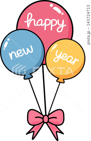 Three party balloons with happy new year text celebration element sticker print visual graphic clipart artwork design icon illustration Three party balloons with happy new year text celebration element sticker print visual graphic clipart artwork design icon illustration 143724713