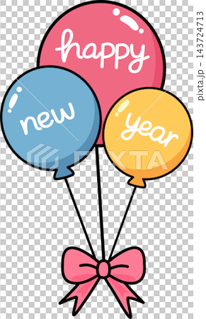 Three party balloons with happy new year text celebration element sticker print visual graphic clipart artwork design icon illustration 143724713