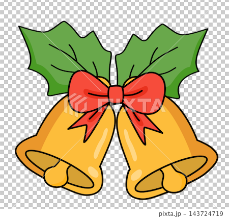 Golden christmas bells with red bow and holly leaves holiday element sticker print visual graphic clipart artwork design icon illustration Golden christmas bells with red bow and holly leaves holiday element sticker print visual graphic clipart artwork design icon illustration 143724719