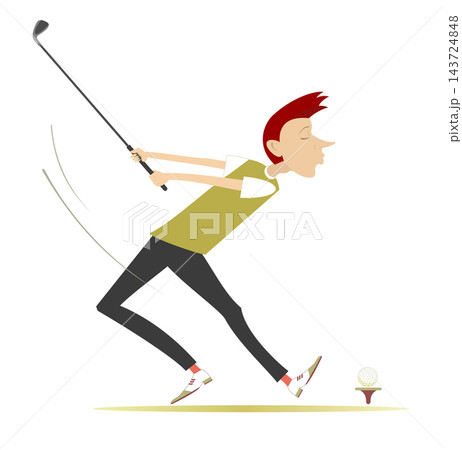 Good shot. Golfer man playing golf. Young male golfer in green cloth aiming to do a good shot 143724848