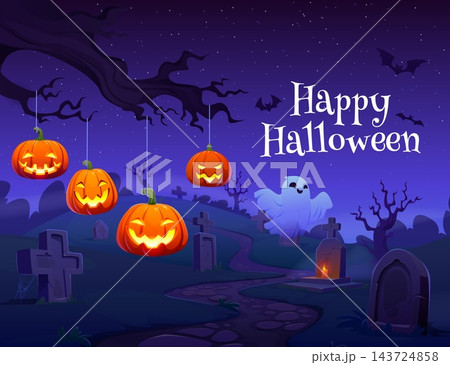 Halloween cemetery graveyard with hanging pumpkin lanterns, flying ghost and bat. Vector greeting card with tombstone and cross on dark hill, spooky night landscape, twisted tree and candle light 143724858