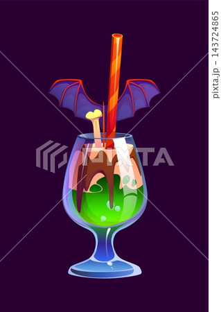 Green Halloween holiday cocktail in a goblet glass with dripping chocolate, striped orange straw, bat wings and bone stirrer. Cartoon vector spooky drink for themed parties, bars, or celebratory menus 143724865