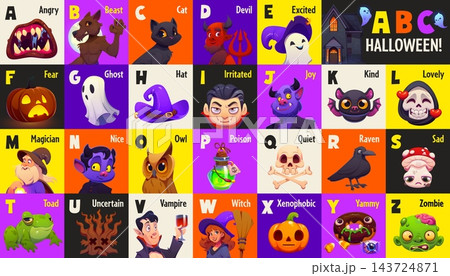 Halloween holiday abc flashcards, kids education cartoon alphabet letters with spooky characters. Monster, ghost, pumpkin, witch and vampire, devil and owl with raven and zombie. Vector preschool set Halloween holiday abc flashcards, kids education cartoon alphabet letters with spooky characters. Monster, ghost, pumpkin, witch and vampire, devil and owl with raven and zombie. Vector preschool set 143724871