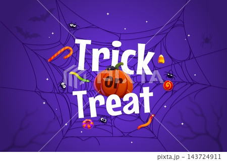 Halloween trick or treat banner with pumpkin, spider web, candy, bat and jelly worms. Cartoon vector festive spooky typography at purple night sky background with creepy tree silhouettes and stars Halloween trick or treat banner with pumpkin, spider web, candy, bat and jelly worms. Cartoon vector festive spooky typography at purple night sky background with creepy tree silhouettes and stars 143724911