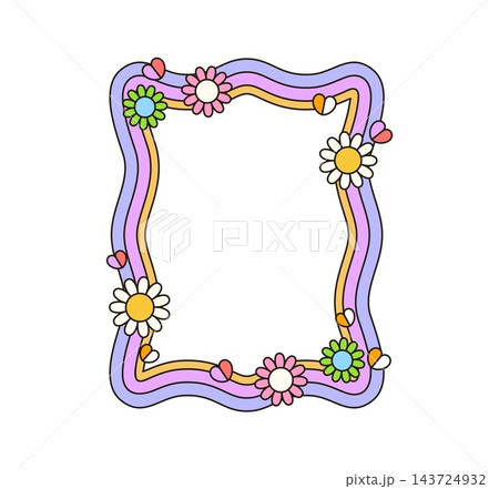 Cartoon retro groovy wavy frame. Y2K psychedelic wavy border decorated with colorful daisy flowers and cute hearts. 70s hippie decorative frame for greeting cards, social media posts or poster designs Cartoon retro groovy wavy frame. Y2K psychedelic wavy border decorated with colorful daisy flowers and cute hearts. 70s hippie decorative frame for greeting cards, social media posts or poster designs 143724932