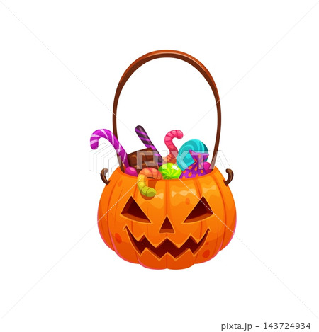 Halloween trick or treat candies and sweets bucket shaped like carved cartoon pumpkin, filled with candies and sweets, lollipops, candy canes, chocolate and gummies for trick or treat celebration Halloween trick or treat candies and sweets bucket shaped like carved cartoon pumpkin, filled with candies and sweets, lollipops, candy canes, chocolate and gummies for trick or treat celebration 143724934