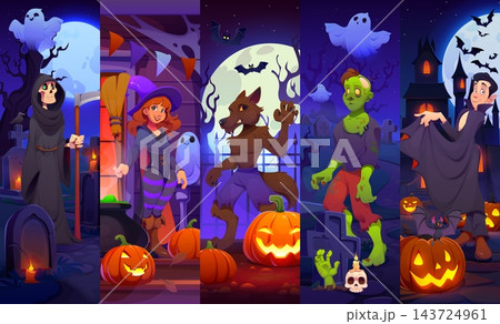 Scary Halloween characters and personages collage with grim reaper, witch, werewolf, zombie and vampire in spooky graveyard. Cartoon vector horror party night scenes for October holiday celebration 143724961