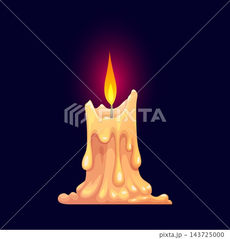 Cartoon melting candle with bright flame. Vector spooky symbol of Halloween with dripping wax, glowing fire and warm light on dark background, Candle for mystical rituals, fantasy gothic decoration Cartoon melting candle with bright flame. Vector spooky symbol of Halloween with dripping wax, glowing fire and warm light on dark background, Candle for mystical rituals, fantasy gothic decoration 143725000