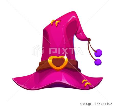 Cartoon Halloween witch hat with wide brim, bent pointed top and brown leather belt which decorated with shiny golden heart buckle and two purple pom poms. Vector Halloween wizard magic headwear Cartoon Halloween witch hat with wide brim, bent pointed top and brown leather belt which decorated with shiny golden heart buckle and two purple pom poms. Vector Halloween wizard magic headwear 143725102