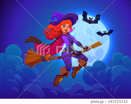 Cute Halloween witch on broom at midnight moon sky background. Holiday cartoon witch character flying on broomstick in sky of full moon glow and dark bats. Enchantress wears magician hat and stockings 143725132