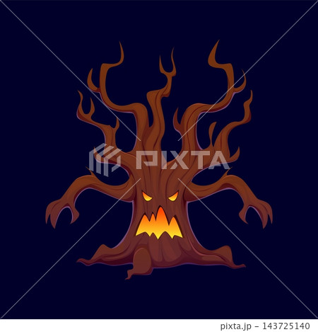 Cartoon Halloween spooky haunted tree with twisted branches and glowing yellow eyes, scary animated tree with a monstrous face and glowing mouth. Vector creepy monster character from fantasy forest Cartoon Halloween spooky haunted tree with twisted branches and glowing yellow eyes, scary animated tree with a monstrous face and glowing mouth. Vector creepy monster character from fantasy forest 143725140