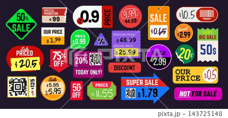 Store paper price stickers and supermarket discount sale tags. Retro promotional sale badges featuring sticky labels, barcode tags and QR code coupons for promotional banners and retail web design 143725148