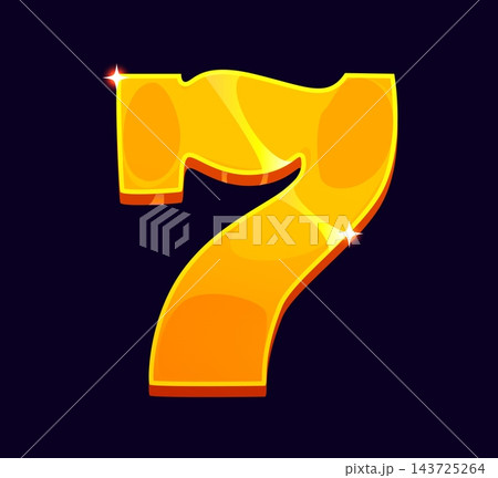 Cartoon casino number 7 in glossy gold with sparkling star highlights and shiny surface. Gambling game typeface for online poker games, luxury VIP events and casino website advertising 143725264