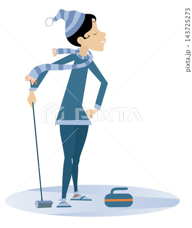 Smiling young woman plays curling isolated illustration. Young woman with a curling brush and a stone isolated on white illustration	 143725273