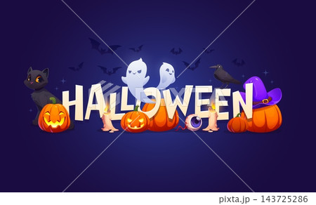 Halloween vector banner with glowing carved pumpkin lanterns, spooky black cat, floating white ghosts and burning candles with mysterious night sky. Cartoon vector Halloween party, scary greetings 143725286