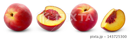Isolated juicy red peaches collection. Ripe peach, half of peach with seed and cut in a slice of peach isolated set. Isolated juicy red peaches collection. Ripe peach, half of peach with seed and cut in a slice of peach isolated set. 143725300
