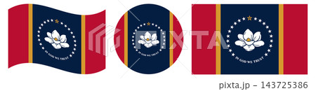 New Flag of Mississippi collection. Round flag of Mississippi isolated in circle shape, waving flag. 143725386