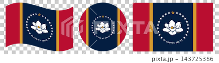 New Flag of Mississippi collection. Round flag of Mississippi isolated in circle shape, waving flag. 143725386