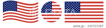 United States of America flags set. National round flag of USA isolaed in circle. Waving US flag isolated. 143725387