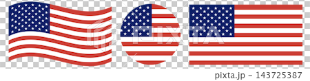 United States of America flags set. National round flag of USA isolaed in circle. Waving US flag isolated. 143725387
