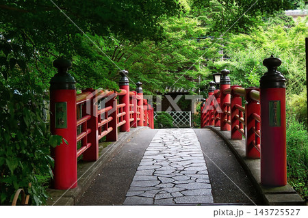 静岡県伊豆市・修善寺温泉の朱色の橋と新緑に囲まれた石畳の道 143725527