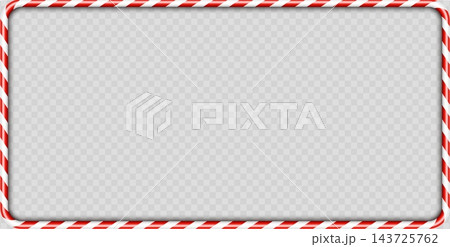 Christmas candy cane rectangular frame with rounded corners, glossy red and white peppermint striped border on transparent background, festive holiday template for greeting card, banner or invitation 143725762