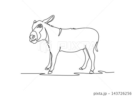 Continuous one line drawing wild donkey standing peacefully in an open savanna field, showcasing its large upright ears, broad muzzle, sturdy legs. Single line draw design vector graphic illustration 143726256