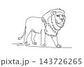 Single continuous line drawing majestic male African lion standing proudly, it shaggy voluminous mane, sturdy legs, tufted tail, and regal feline gaze. One line draw graphic design vector illustration 143726265