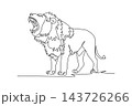 Single continuous line drawing fierce male African lion roaring aggressively with an open mouth, full thick mane, sharp fangs, muscular feline stance. One line draw graphic design vector illustration 143726266