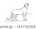 Single continuous line drawing wild leopard standing tall and roaring upward with open mouth, sharp fang, spotted coat pattern, muscular feline stance. One line draw graphic design vector illustration 143726268