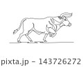 Single continuous line drawing a powerful wild bull running at full gallop across savanna terrain, curved horns, muscular shoulder folds, raised hoof. One line draw graphic design vector illustration 143726272