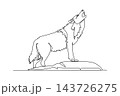 Single one line drawing wild jackal or wolf standing on a rocky mound howling toward the sky, raised snout, bushy coat and commanding posture. Continuous line draw design graphic vector illustration 143726275