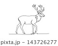 Single one line drawing deer or stag walking steadily forward across savanna terrain, large branching antlers, ruffled chest fur, slender legs. Continuous line draw design graphic vector illustration 143726277