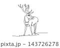 Single one line drawing wild deer or stag standing gracefully in open grassy clearing while turning its head back, elaborate branching antlers. Continuous line draw design graphic vector illustration 143726278