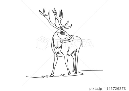 Single one line drawing wild deer or stag standing gracefully in open grassy clearing while turning its head back, elaborate branching antlers. Continuous line draw design graphic vector illustration 143726278