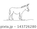 Continuous one line drawing a wild donkey standing peacefully in side profile, its upright ears, bristled mane, calm expression, and sturdy hooves. Single line draw design vector graphic illustration 143726280